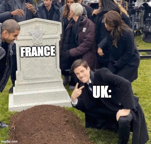 Grant Gustin over grave | FRANCE; UK: | image tagged in grant gustin over grave | made w/ Imgflip meme maker