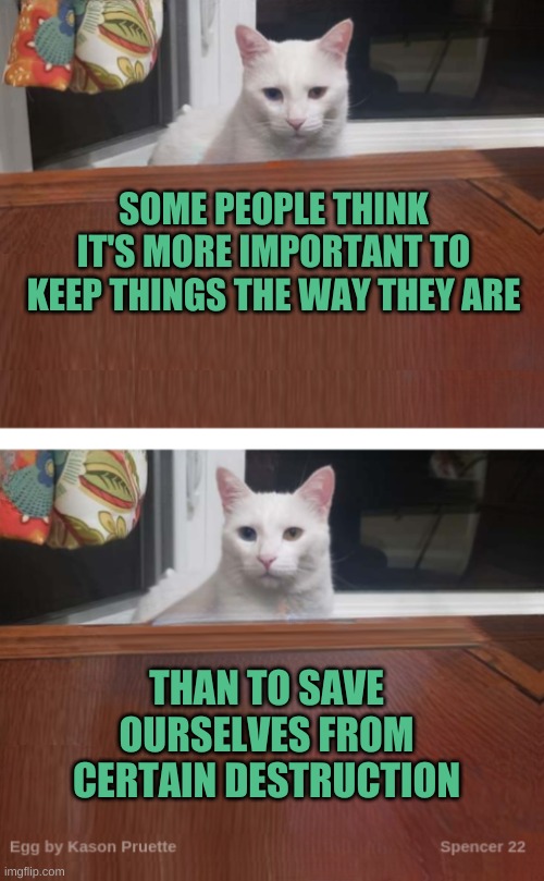 Egg the Cat 2 | SOME PEOPLE THINK IT'S MORE IMPORTANT TO KEEP THINGS THE WAY THEY ARE; THAN TO SAVE OURSELVES FROM CERTAIN DESTRUCTION | image tagged in egg the cat 2,you're not just wrong your stupid,censorship,ascension,smudge the cat | made w/ Imgflip meme maker