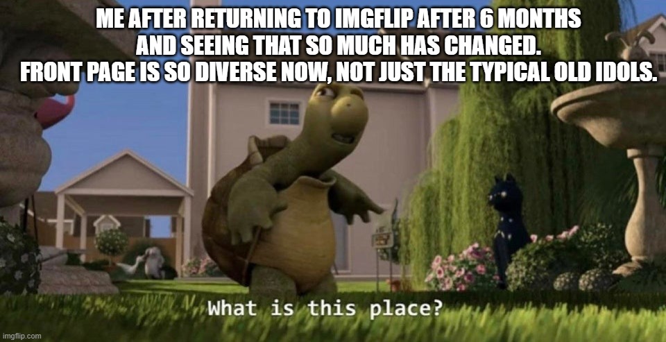 Heck, even the usernames changed. Man... | ME AFTER RETURNING TO IMGFLIP AFTER 6 MONTHS
AND SEEING THAT SO MUCH HAS CHANGED.
FRONT PAGE IS SO DIVERSE NOW, NOT JUST THE TYPICAL OLD IDOLS. | image tagged in what is this place,woah,change,help me,why,crazy | made w/ Imgflip meme maker