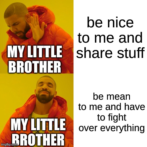 My little brother always dose this | be nice to me and share stuff; MY LITTLE BROTHER; be mean to me and have to fight over everything; MY LITTLE BROTHER | image tagged in memes,drake hotline bling | made w/ Imgflip meme maker