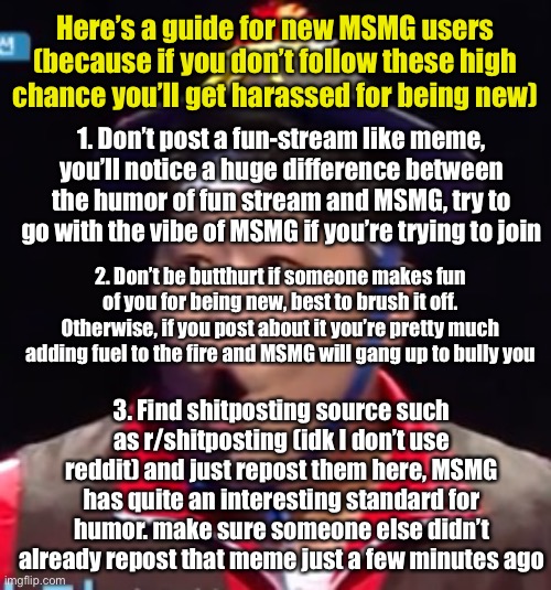 Idk what I was high on 8 hours ago but I made a guide for new users here | Here’s a guide for new MSMG users (because if you don’t follow these high chance you’ll get harassed for being new); 1. Don’t post a fun-stream like meme, you’ll notice a huge difference between the humor of fun stream and MSMG, try to go with the vibe of MSMG if you’re trying to join; 2. Don’t be butthurt if someone makes fun of you for being new, best to brush it off. Otherwise, if you post about it you’re pretty much adding fuel to the fire and MSMG will gang up to bully you; 3. Find shitposting source such as r/shitposting (idk I don’t use reddit) and just repost them here, MSMG has quite an interesting standard for humor. make sure someone else didn’t already repost that meme just a few minutes ago | image tagged in seyoon | made w/ Imgflip meme maker