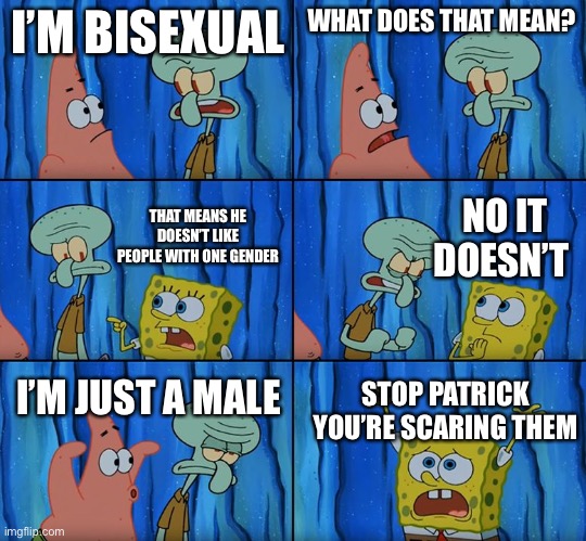 Lol | I’M BISEXUAL; WHAT DOES THAT MEAN? NO IT DOESN’T; THAT MEANS HE DOESN’T LIKE PEOPLE WITH ONE GENDER; I’M JUST A MALE; STOP PATRICK YOU’RE SCARING THEM | image tagged in stop it patrick you're scaring him | made w/ Imgflip meme maker