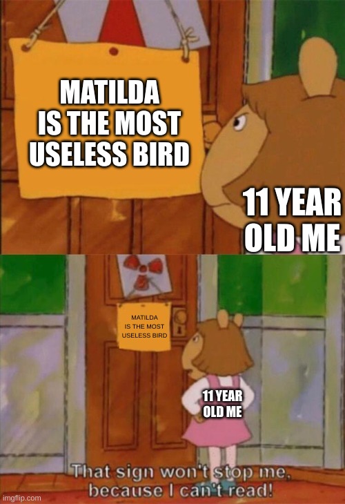 i guess i cant read | MATILDA IS THE MOST USELESS BIRD; 11 YEAR OLD ME; MATILDA IS THE MOST USELESS BIRD; 11 YEAR OLD ME | image tagged in dw sign won't stop me because i can't read,so true memes,angry birds | made w/ Imgflip meme maker