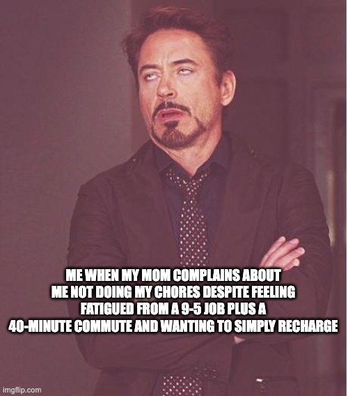 When you live with your parents and have a full-time job | ME WHEN MY MOM COMPLAINS ABOUT ME NOT DOING MY CHORES DESPITE FEELING FATIGUED FROM A 9-5 JOB PLUS A 40-MINUTE COMMUTE AND WANTING TO SIMPLY RECHARGE | image tagged in memes,face you make robert downey jr | made w/ Imgflip meme maker