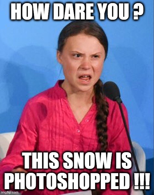 Greta Thunberg how dare you | HOW DARE YOU ? THIS SNOW IS PHOTOSHOPPED !!! | image tagged in greta thunberg how dare you | made w/ Imgflip meme maker