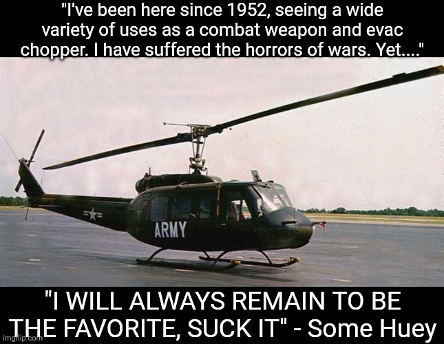 The sky will always speak Fortunate Son | "I've been here since 1952, seeing a wide variety of uses as a combat weapon and evac chopper. I have suffered the horrors of wars. Yet...."; "I WILL ALWAYS REMAIN TO BE THE FAVORITE, SUCK IT" - Some Huey | image tagged in huey | made w/ Imgflip meme maker