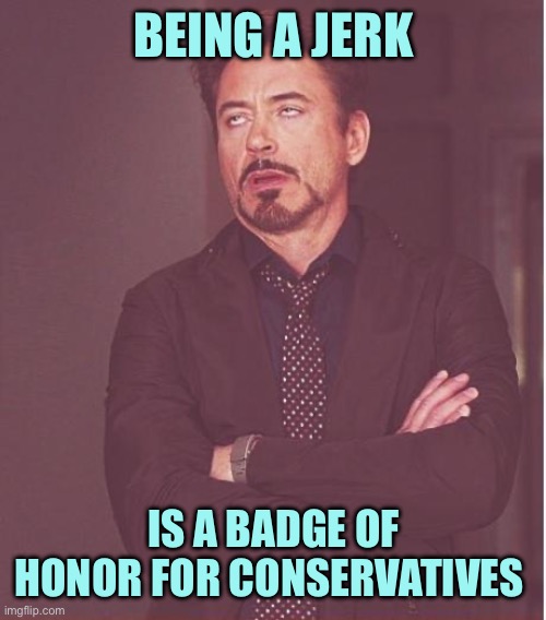 Face You Make Robert Downey Jr | BEING A JERK; IS A BADGE OF HONOR FOR CONSERVATIVES | image tagged in memes,face you make robert downey jr | made w/ Imgflip meme maker