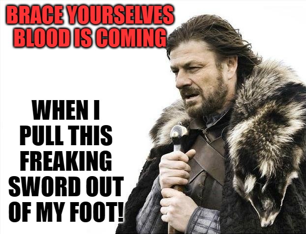 Brace yourselves | BRACE YOURSELVES BLOOD IS COMING; WHEN I PULL THIS FREAKING SWORD OUT OF MY FOOT! | image tagged in memes,brace yourselves x is coming | made w/ Imgflip meme maker