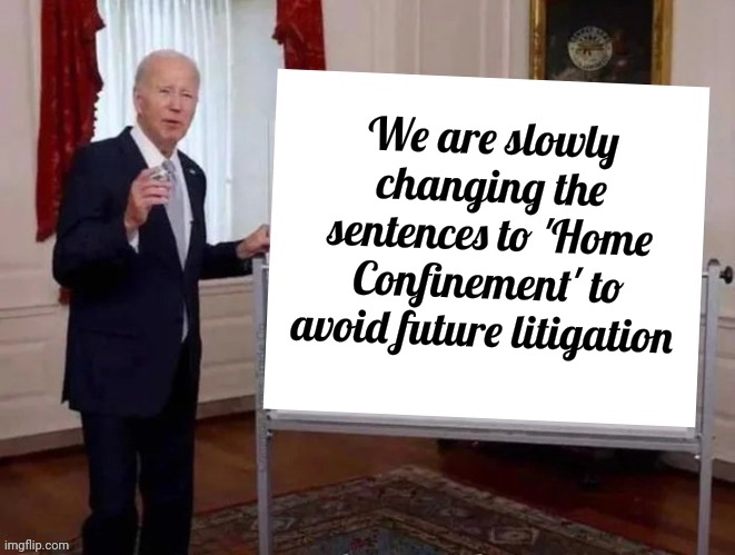 Joe tries to explain | We are slowly changing the sentences to 'Home Confinement' to avoid future litigation | image tagged in joe tries to explain | made w/ Imgflip meme maker
