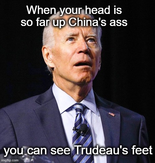 It has to be getting crowded in there by now. | When your head is so far up China's ass; you can see Trudeau's feet | image tagged in joe biden | made w/ Imgflip meme maker