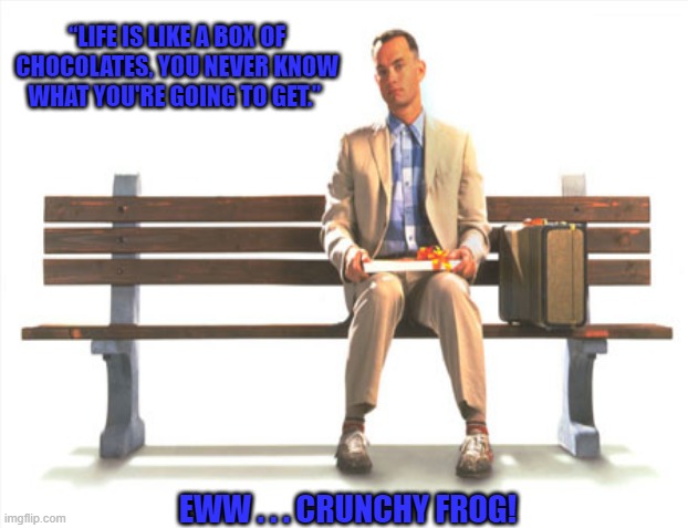 Crunchy Frog II | “LIFE IS LIKE A BOX OF CHOCOLATES, YOU NEVER KNOW WHAT YOU'RE GOING TO GET.”; EWW . . . CRUNCHY FROG! | image tagged in monty python,forrest gump,crunchy frog,chocolates | made w/ Imgflip meme maker