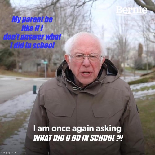 My parent be like | My parent be like if I don’t answer what I did in school; WHAT DID U DO IN SCHOOL ?! | image tagged in memes,bernie i am once again asking for your support | made w/ Imgflip meme maker