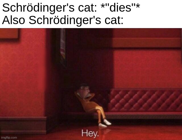 Schrödinger's cat | Schrödinger's cat: *"dies"*
Also Schrödinger's cat: | image tagged in hey,schrodinger,cat,vector,why are you reading the tags,lol | made w/ Imgflip meme maker