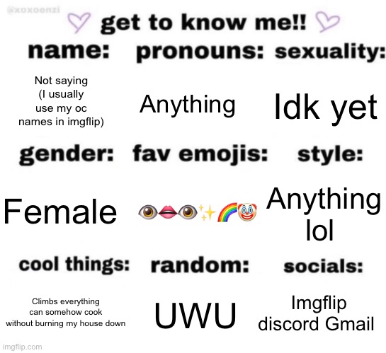 get to know me but better | Not saying (I usually use my oc names in imgflip); Anything; Idk yet; 👁️👄👁️✨🌈🤡; Anything lol; Female; Imgflip discord Gmail; UWU; Climbs everything can somehow cook without burning my house down | image tagged in get to know me but better,lol | made w/ Imgflip meme maker