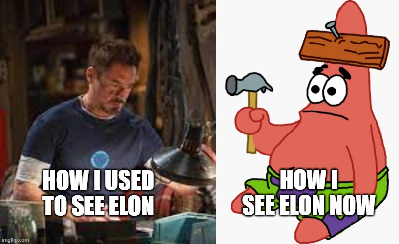 Elon then and now | HOW I SEE ELON NOW; HOW I USED TO SEE ELON | image tagged in elon musk iron man patrick starfish | made w/ Imgflip meme maker
