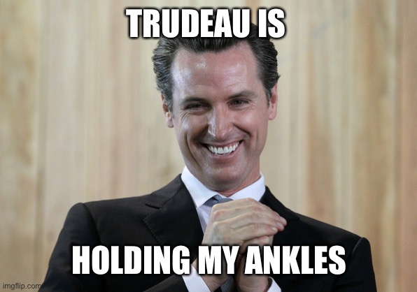 Scheming Gavin Newsom  | TRUDEAU IS HOLDING MY ANKLES | image tagged in scheming gavin newsom | made w/ Imgflip meme maker