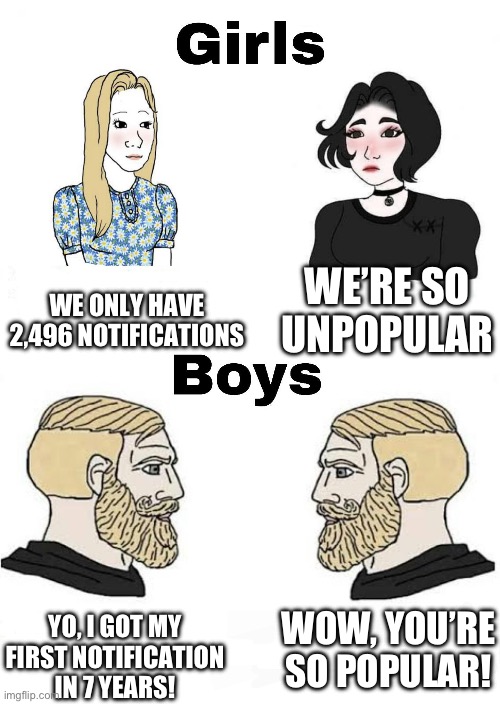 Yup, sounds abt right | WE ONLY HAVE 2,496 NOTIFICATIONS; WE’RE SO UNPOPULAR; WOW, YOU’RE SO POPULAR! YO, I GOT MY FIRST NOTIFICATION IN 7 YEARS! | image tagged in girls vs boys | made w/ Imgflip meme maker
