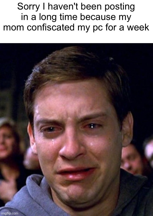I'm back after 1 week | Sorry I haven't been posting in a long time because my mom confiscated my pc for a week | image tagged in crying peter parker,apology,memes | made w/ Imgflip meme maker