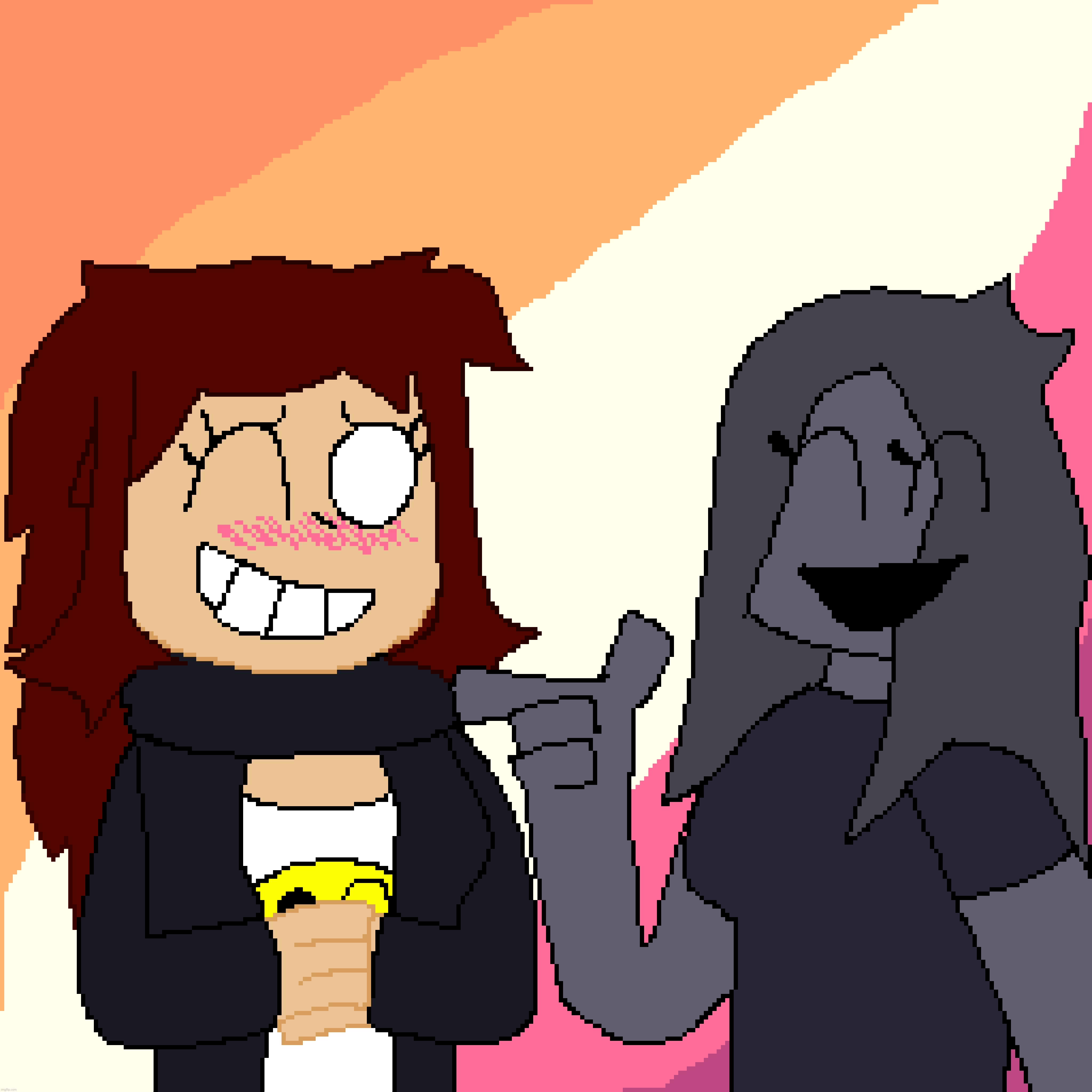 Drawing request from Rotisserie (the grey person is just a generic person) | image tagged in rotisserie,yes she's canonically gay | made w/ Imgflip meme maker