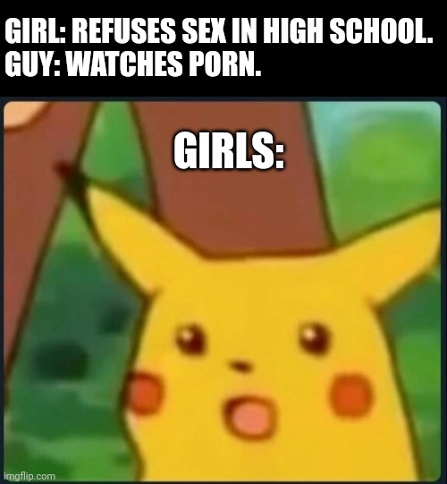 "I'm dumping you to focus on my education." -Some senpai killer | GIRL: REFUSES SEX IN HIGH SCHOOL.
GUY: WATCHES PORN. GIRLS: | image tagged in surprised pikachu | made w/ Imgflip meme maker