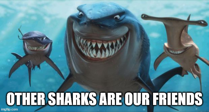 Finding Nemo Sharks | OTHER SHARKS ARE OUR FRIENDS | image tagged in finding nemo sharks | made w/ Imgflip meme maker