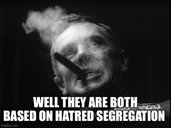 General Ripper (Dr. Strangelove) | WELL THEY ARE BOTH BASED ON HATRED SEGREGATION | image tagged in general ripper dr strangelove | made w/ Imgflip meme maker