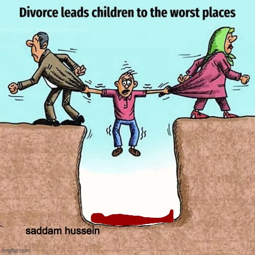 i make saddam hussein meme yay | saddam hussein | image tagged in divorce leads children to the worst places | made w/ Imgflip meme maker