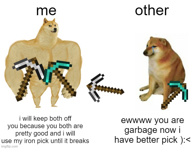 Buff Doge vs. Cheems | me; other; i will keep both off you because you both are pretty good and i will use my iron pick until it breaks; ewwww you are garbage now i have better pick ):< | image tagged in memes,buff doge vs cheems,minecraft | made w/ Imgflip meme maker