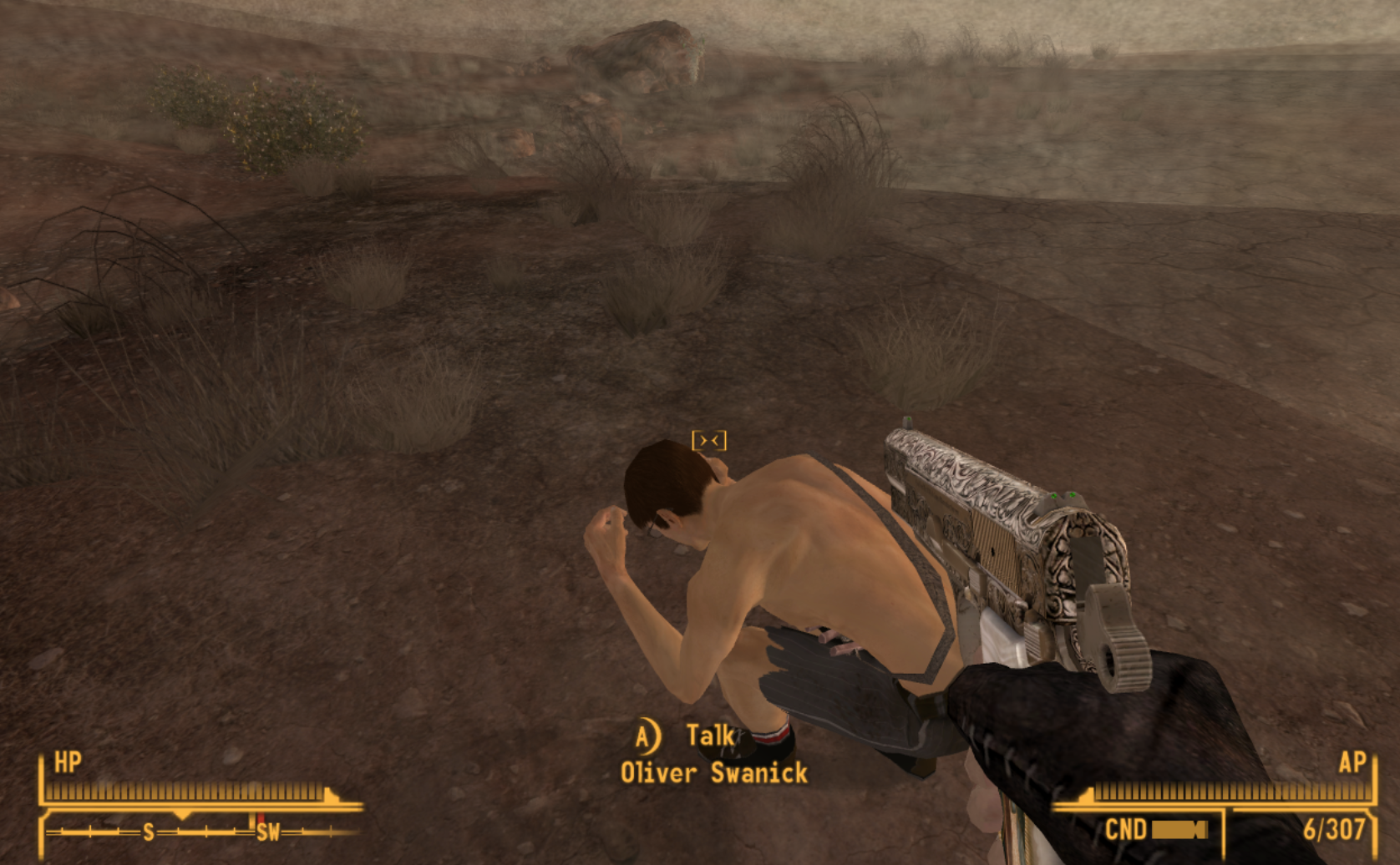 High Quality Aiming a gun at Oliver Swanick. Fallout: New Vegas. Blank Meme Template