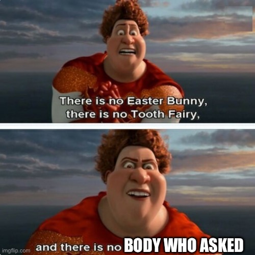 TIGHTEN MEGAMIND "THERE IS NO EASTER BUNNY" | BODY WHO ASKED | image tagged in tighten megamind there is no easter bunny | made w/ Imgflip meme maker