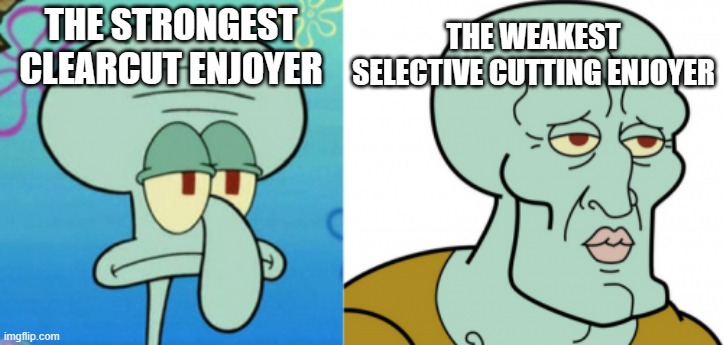 squidward glow up | THE WEAKEST SELECTIVE CUTTING ENJOYER; THE STRONGEST CLEARCUT ENJOYER | image tagged in squidward glow up | made w/ Imgflip meme maker