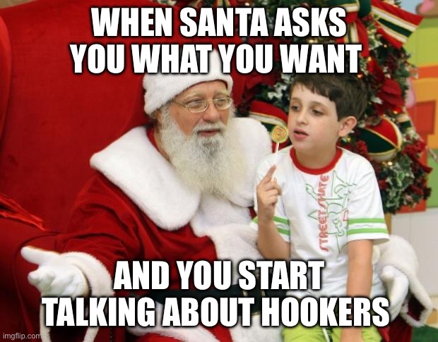Hookers and Santa | WHEN SANTA ASKS YOU WHAT YOU WANT; AND YOU START TALKING ABOUT HOOKERS | image tagged in santa claus | made w/ Imgflip meme maker