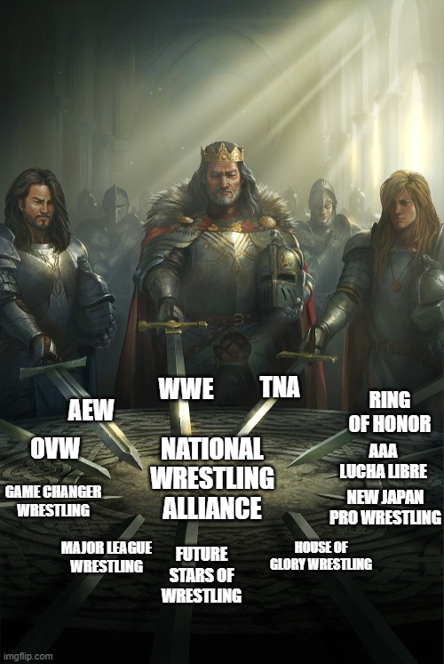 Swords united | TNA; WWE; AEW; RING OF HONOR; OVW; NATIONAL WRESTLING ALLIANCE; AAA LUCHA LIBRE; GAME CHANGER WRESTLING; NEW JAPAN PRO WRESTLING; FUTURE STARS OF WRESTLING; MAJOR LEAGUE WRESTLING; HOUSE OF GLORY WRESTLING | image tagged in swords united | made w/ Imgflip meme maker