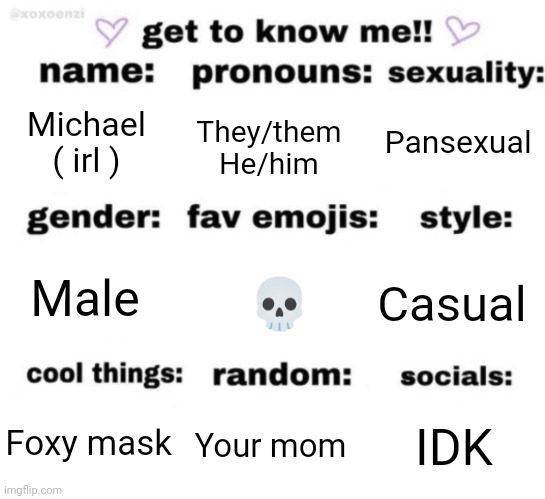 get to know me but better | Pansexual; Michael ( irl ); They/them
He/him; 💀; Casual; Male; IDK; Your mom; Foxy mask | image tagged in get to know me but better | made w/ Imgflip meme maker