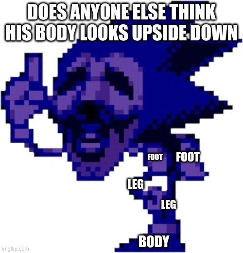 Hopefully you know who Majin Sonic is | DOES ANYONE ELSE THINK HIS BODY LOOKS UPSIDE DOWN; FOOT; FOOT; LEG; LEG; BODY | image tagged in majin sonic,sonic | made w/ Imgflip meme maker