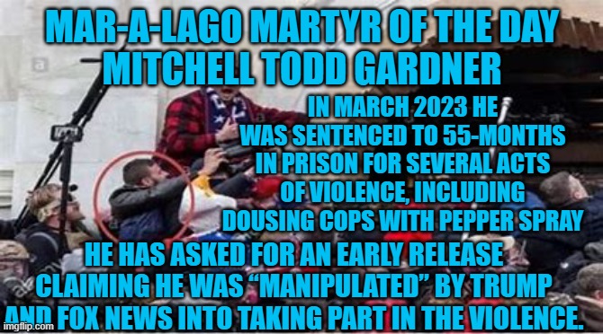 If he gets any reduction in sentence for saying "Sorry," and blaming Trump, expect "Copycats." | MAR-A-LAGO MARTYR OF THE DAY
MITCHELL TODD GARDNER; IN MARCH 2023 HE WAS SENTENCED TO 55-MONTHS IN PRISON FOR SEVERAL ACTS OF VIOLENCE, INCLUDING DOUSING COPS WITH PEPPER SPRAY; HE HAS ASKED FOR AN EARLY RELEASE CLAIMING HE WAS “MANIPULATED” BY TRUMP AND FOX NEWS INTO TAKING PART IN THE VIOLENCE. | image tagged in politics | made w/ Imgflip meme maker