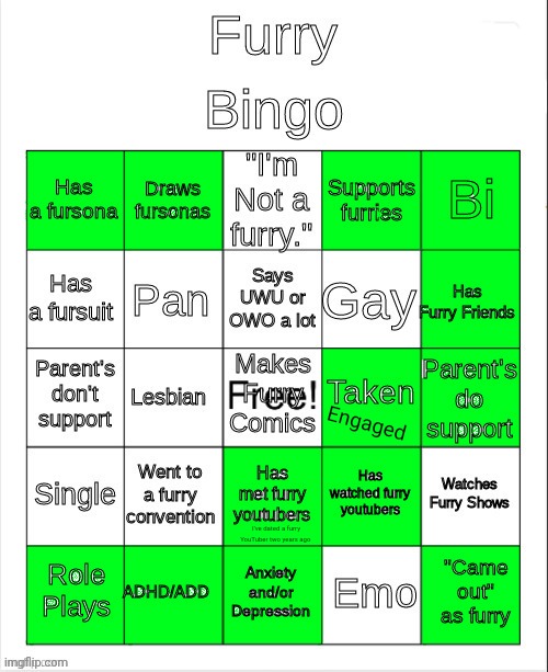 Engaged; I've dated a furry YouTuber two years ago | image tagged in furry bingo,furry | made w/ Imgflip meme maker