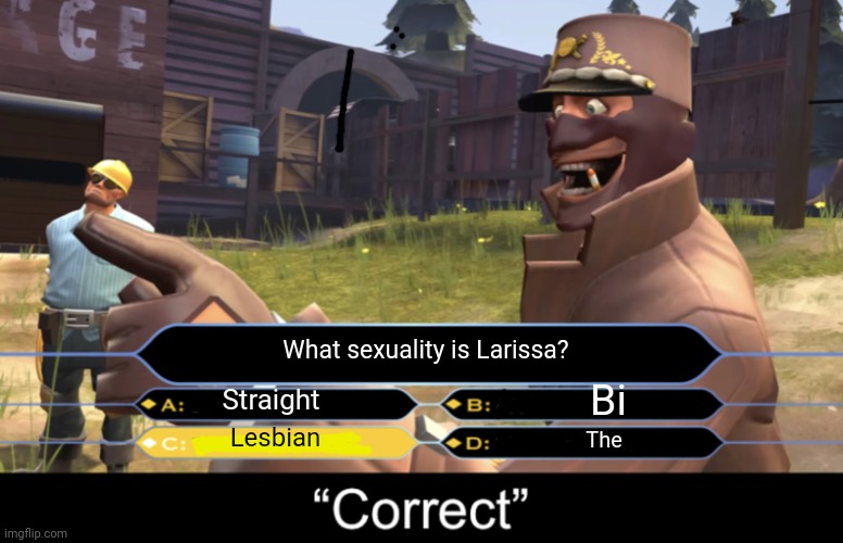 Spy “Correct” | Lesbian Straight Bi The What sexuality is Larissa? | image tagged in spy correct | made w/ Imgflip meme maker