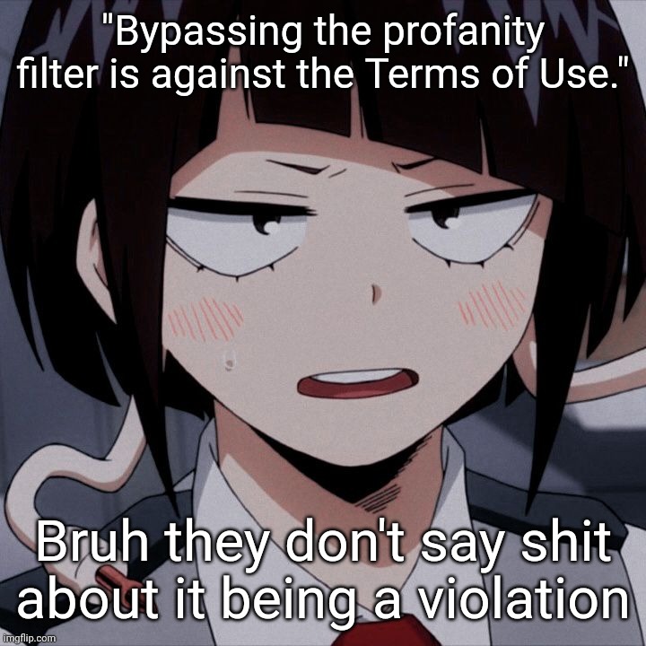 Kyoka Jiro | "Bypassing the profanity filter is against the Terms of Use."; Bruh they don't say shit about it being a violation | image tagged in kyoka jiro | made w/ Imgflip meme maker