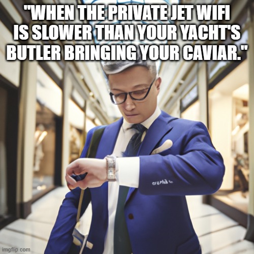 "WHEN THE PRIVATE JET WIFI IS SLOWER THAN YOUR YACHT'S BUTLER BRINGING YOUR CAVIAR." | made w/ Imgflip meme maker