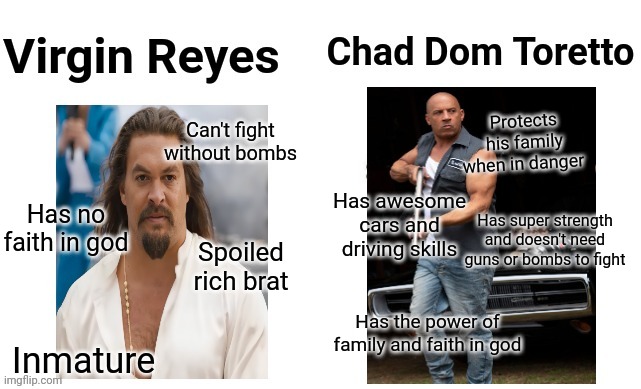 Family | Protects his family when in danger; Can't fight without bombs; Has awesome cars and driving skills; Has no faith in god; Has super strength and doesn't need guns or bombs to fight; Spoiled rich brat; Has the power of family and faith in god; Inmature | image tagged in fast and furious,virgin vs chad | made w/ Imgflip meme maker