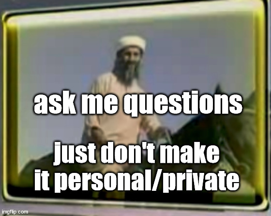 osama on horse | ask me questions; just don't make it personal/private | image tagged in osama on horse | made w/ Imgflip meme maker