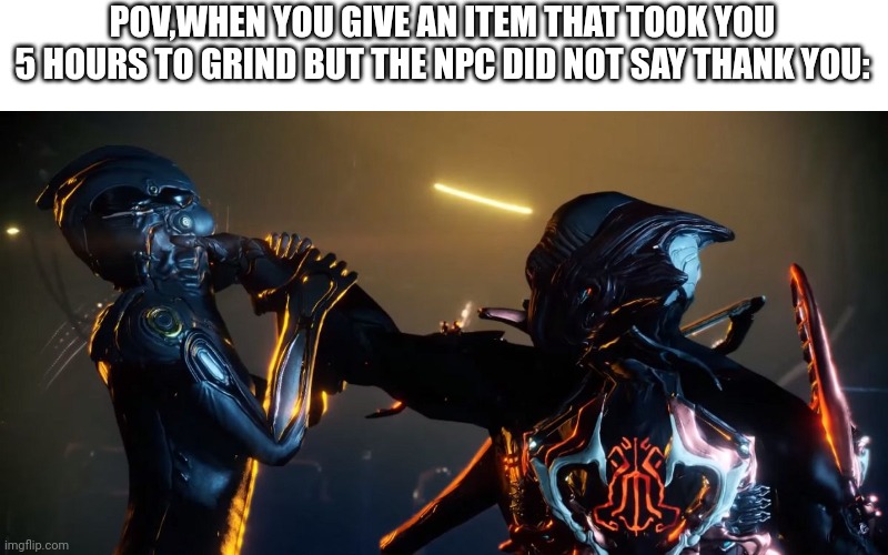 Kinda tru tbh | POV,WHEN YOU GIVE AN ITEM THAT TOOK YOU 5 HOURS TO GRIND BUT THE NPC DID NOT SAY THANK YOU: | image tagged in pissed off stalker warframe hd | made w/ Imgflip meme maker
