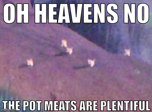 OH HEAVENS NO THE POT MEATS ARE PLENTIFUL | image tagged in oh heavens no the pot meats are plentiful | made w/ Imgflip meme maker