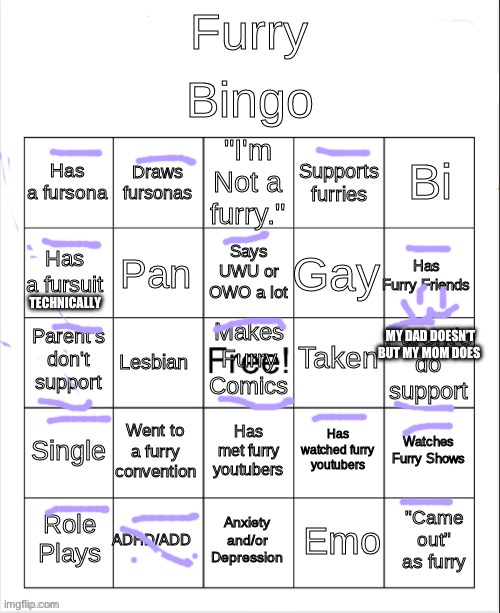 Yay bingo :3 | TECHNICALLY; MY DAD DOESN’T BUT MY MOM DOES | image tagged in furry bingo | made w/ Imgflip meme maker