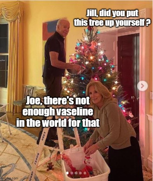 DOCTOR Biden trims the tree | Jill, did you put this tree up yourself ? Joe, there's not enough vaseline in the world for that | image tagged in biden xmas tree meme | made w/ Imgflip meme maker