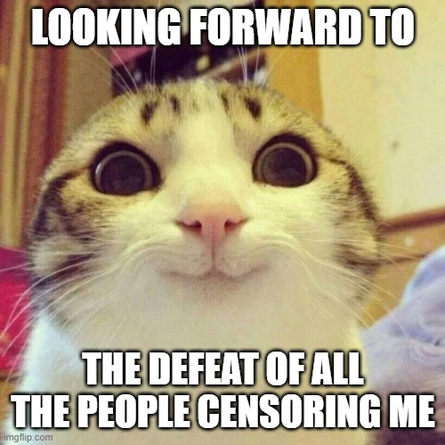 When you get it, just know I'm smiling. | LOOKING FORWARD TO; THE DEFEAT OF ALL THE PEOPLE CENSORING ME | image tagged in memes,smiling cat | made w/ Imgflip meme maker