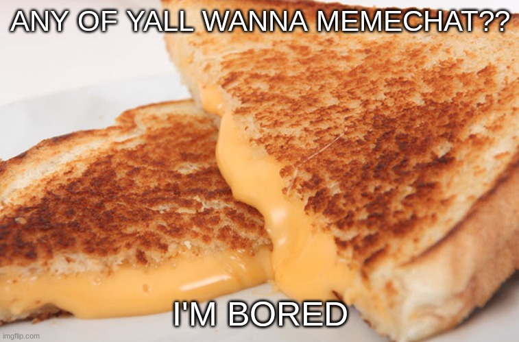 . | ANY OF YALL WANNA MEMECHAT?? I'M BORED | image tagged in grilled cheese | made w/ Imgflip meme maker