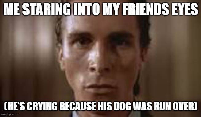 Poor doggo | ME STARING INTO MY FRIENDS EYES; (HE'S CRYING BECAUSE HIS DOG WAS RUN OVER) | image tagged in patrick bateman staring,roadkill,dogs | made w/ Imgflip meme maker