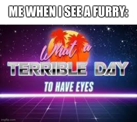 What A Terrible Day To Have Eyes | ME WHEN I SEE A FURRY: | image tagged in what a terrible day to have eyes,anti furry | made w/ Imgflip meme maker